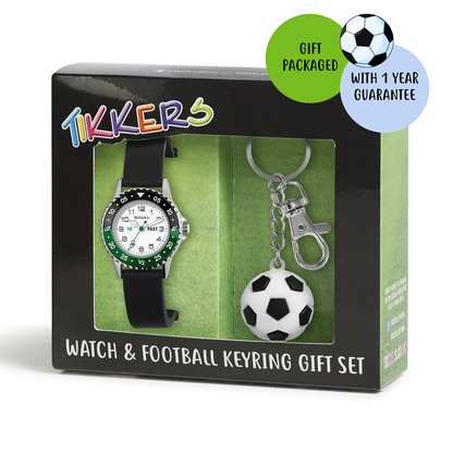 Tikkers Black Strap Time Teacher Watch and Football Keyring Set - ATK1095-SET