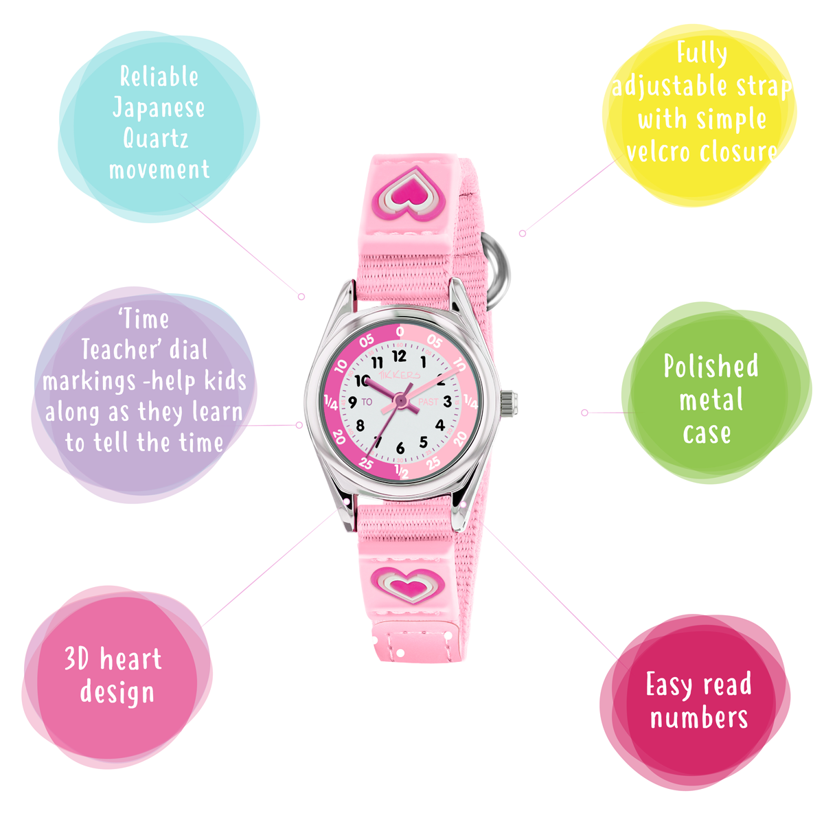 Tikkers Girls Pink Canvas Rip Strap Heart Watch, Purse, & Bracelet Set - ATK1031