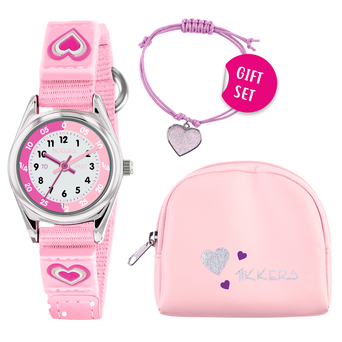 Tikkers Girls Pink Canvas Rip Strap Heart Watch, Purse, & Bracelet Set - ATK1031