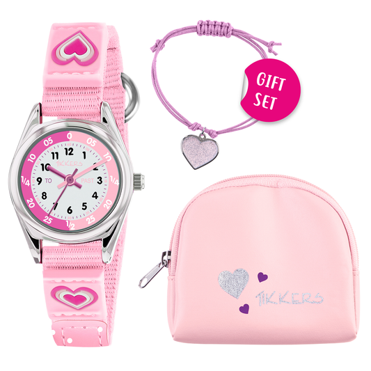 Tikkers Girls Pink Canvas Rip Strap Heart Watch, Purse, & Bracelet Set - ATK1031