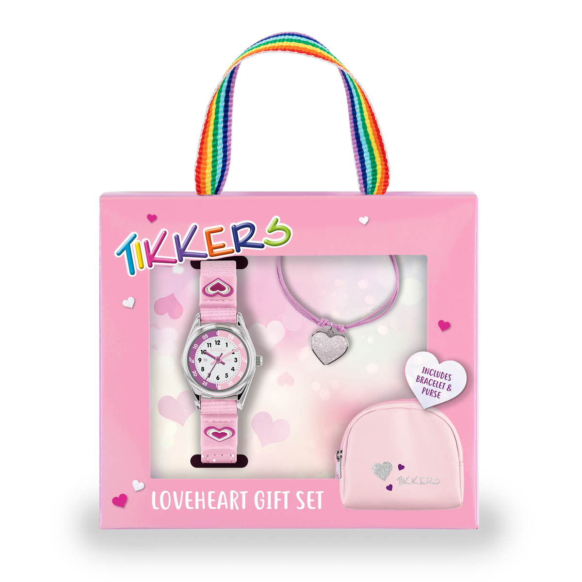 Tikkers Girls Pink Canvas Rip Strap Heart Watch, Purse, & Bracelet Set - ATK1031