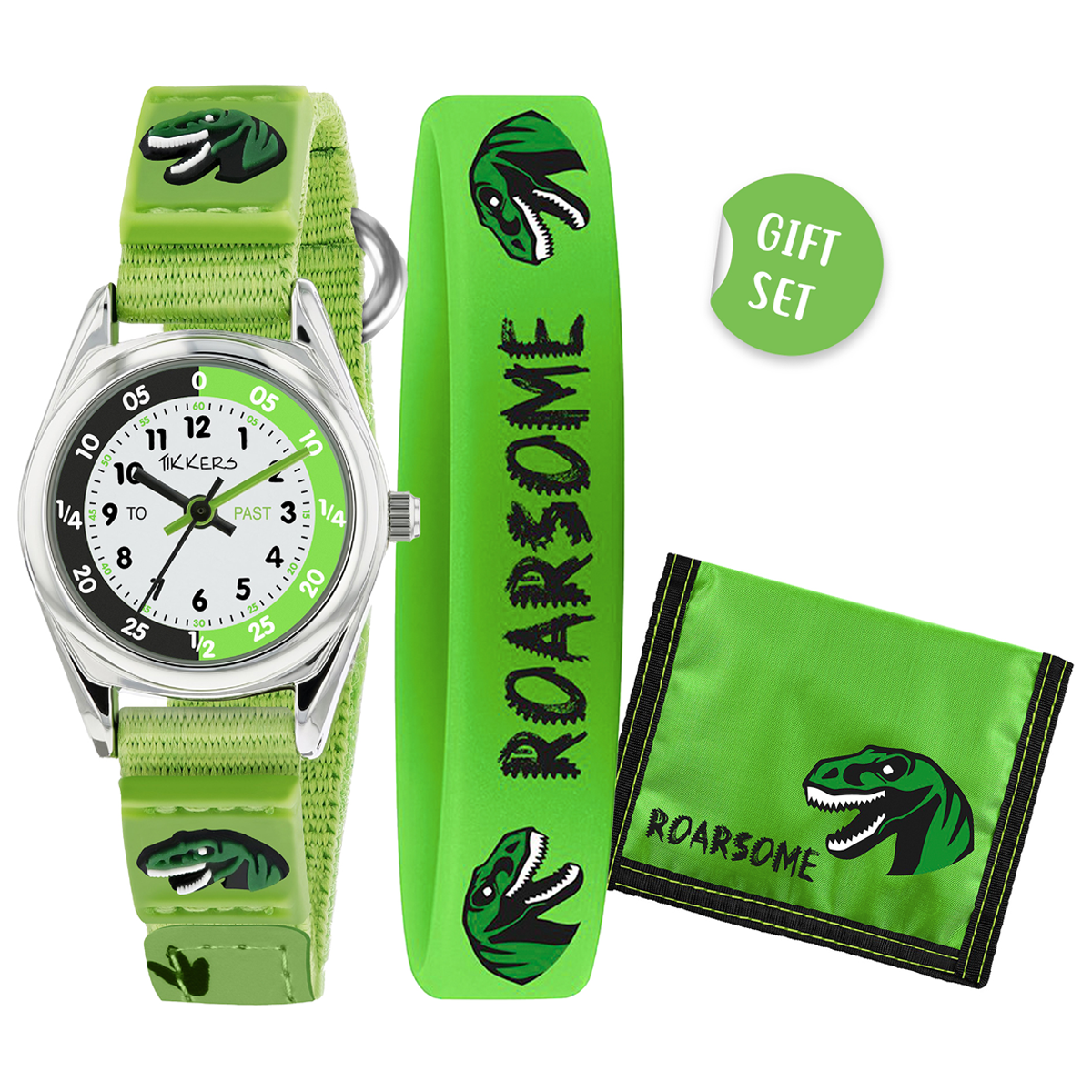 Tikkers Boys Green Canvas Rip Strap Dinosaur Watch, Bracelet, & Wallet Set - ATK1049