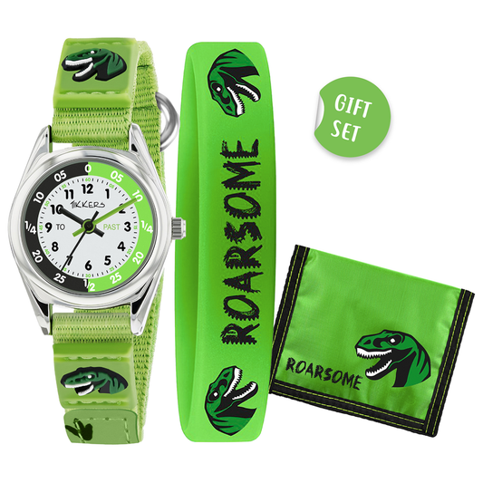 Tikkers Boys Green Canvas Rip Strap Dinosaur Watch, Bracelet, & Wallet Set - ATK1049