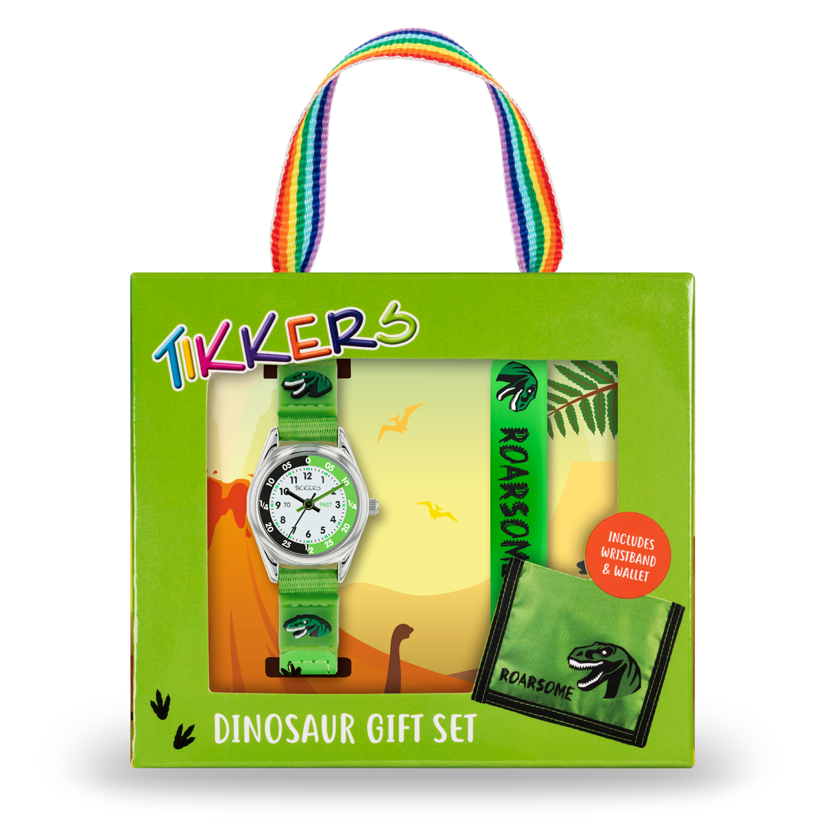 Tikkers Boys Green Canvas Rip Strap Dinosaur Watch, Bracelet, & Wallet Set - ATK1049