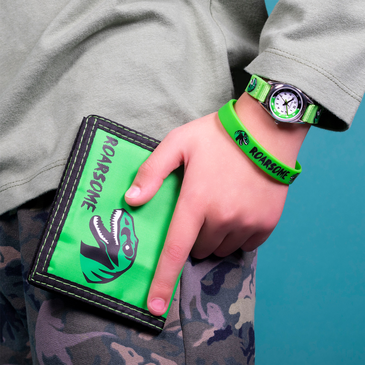 Tikkers Boys Green Canvas Rip Strap Dinosaur Watch, Bracelet, & Wallet Set - ATK1049