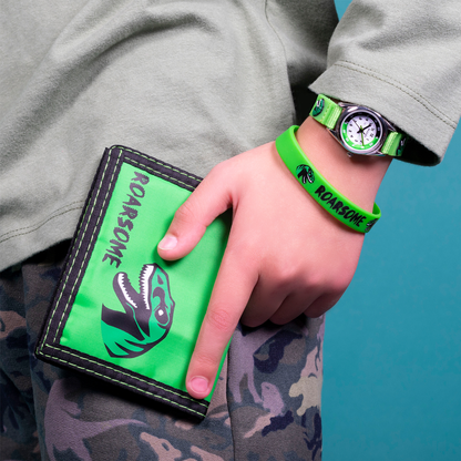 Tikkers Boys Green Canvas Rip Strap Dinosaur Watch, Bracelet, & Wallet Set - ATK1049