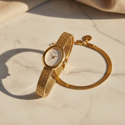 Rosefield Mini Oval Gold Woven Mesh Watch & Snake Gold Bracelet