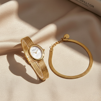 Rosefield Mini Oval Gold Woven Mesh Watch & Snake Gold Bracelet