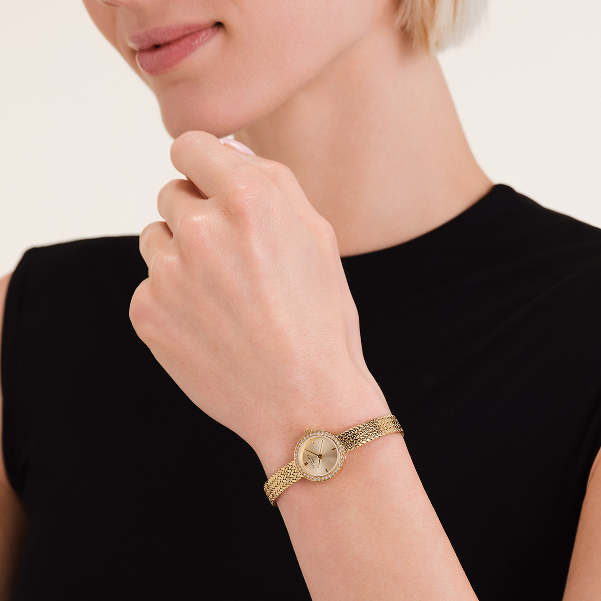 Mini Small Edit Champagne Dial Crystal Gold Woven Mesh Strap - MCGMG-M03