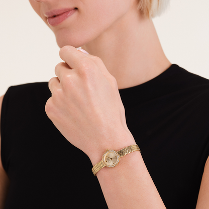Mini Small Edit Champagne Dial Crystal Gold Woven Mesh Strap - MCGMG-M03
