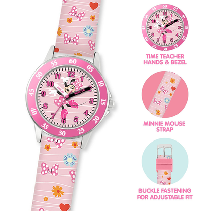 Disney Minnie Mouse Pink Printed Strap Time Teacher Watch - MN9101