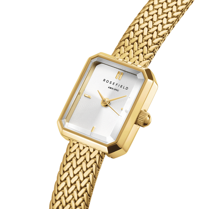 Mini Octagon White Dial Gold Woven Mesh Strap - MWGMG-M01