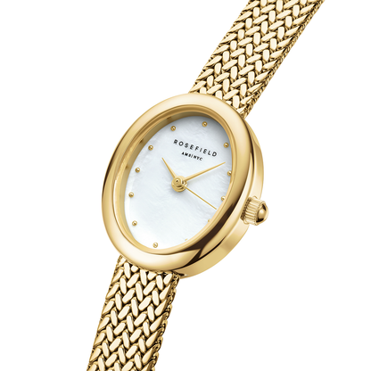 Rosefield Mini Oval White Dial Gold Woven Mesh Strap - MWGMG-M02