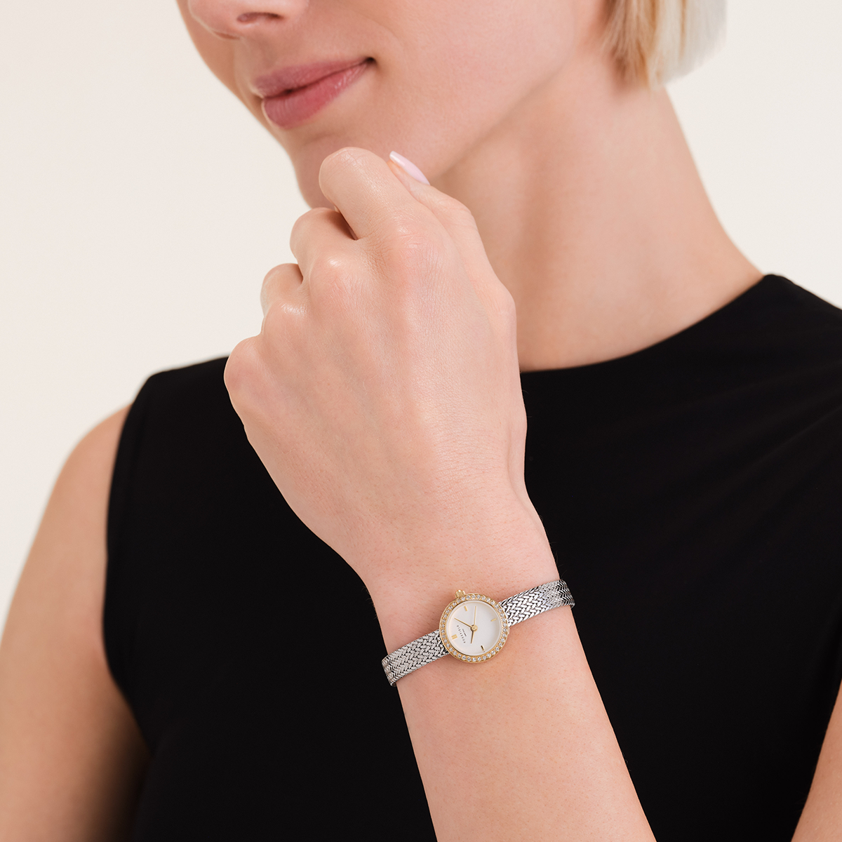 Mini Small Edit White Dial Crystal Duotone Woven Mesh Strap - MWSMG-M06