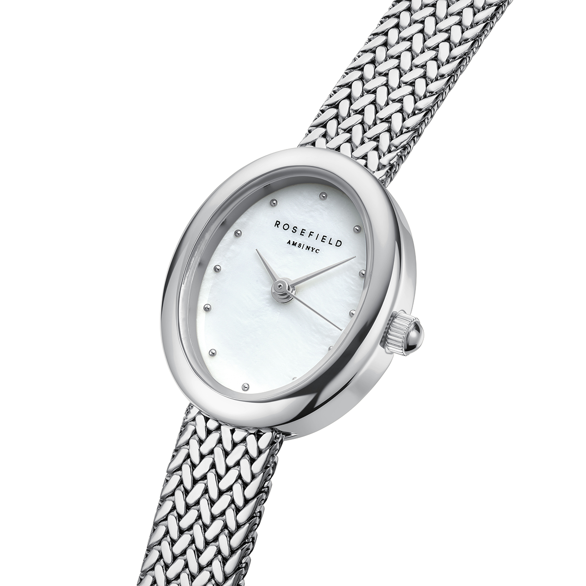 Mini Oval White Dial Silver Woven Mesh Strap - MWSMS-M05