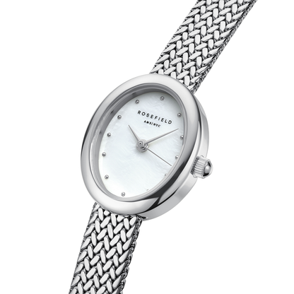Mini Oval White Dial Silver Woven Mesh Strap - MWSMS-M05