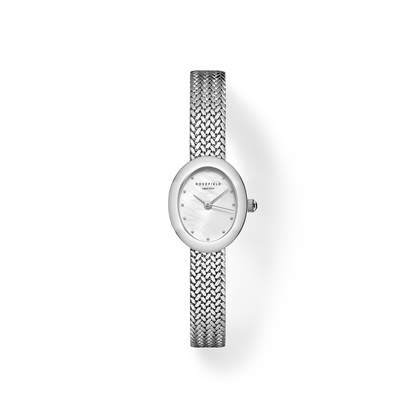 Mini Oval White Dial Silver Woven Mesh Strap - MWSMS-M05