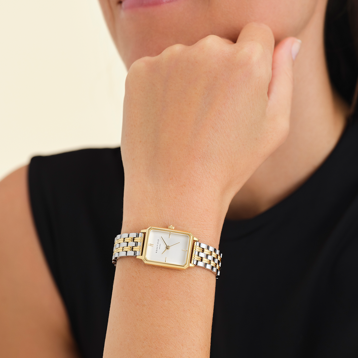 Rosefield Octagon XS White Sunray Steel Duotone Silver Gold Women Watch - OWDSG-O62