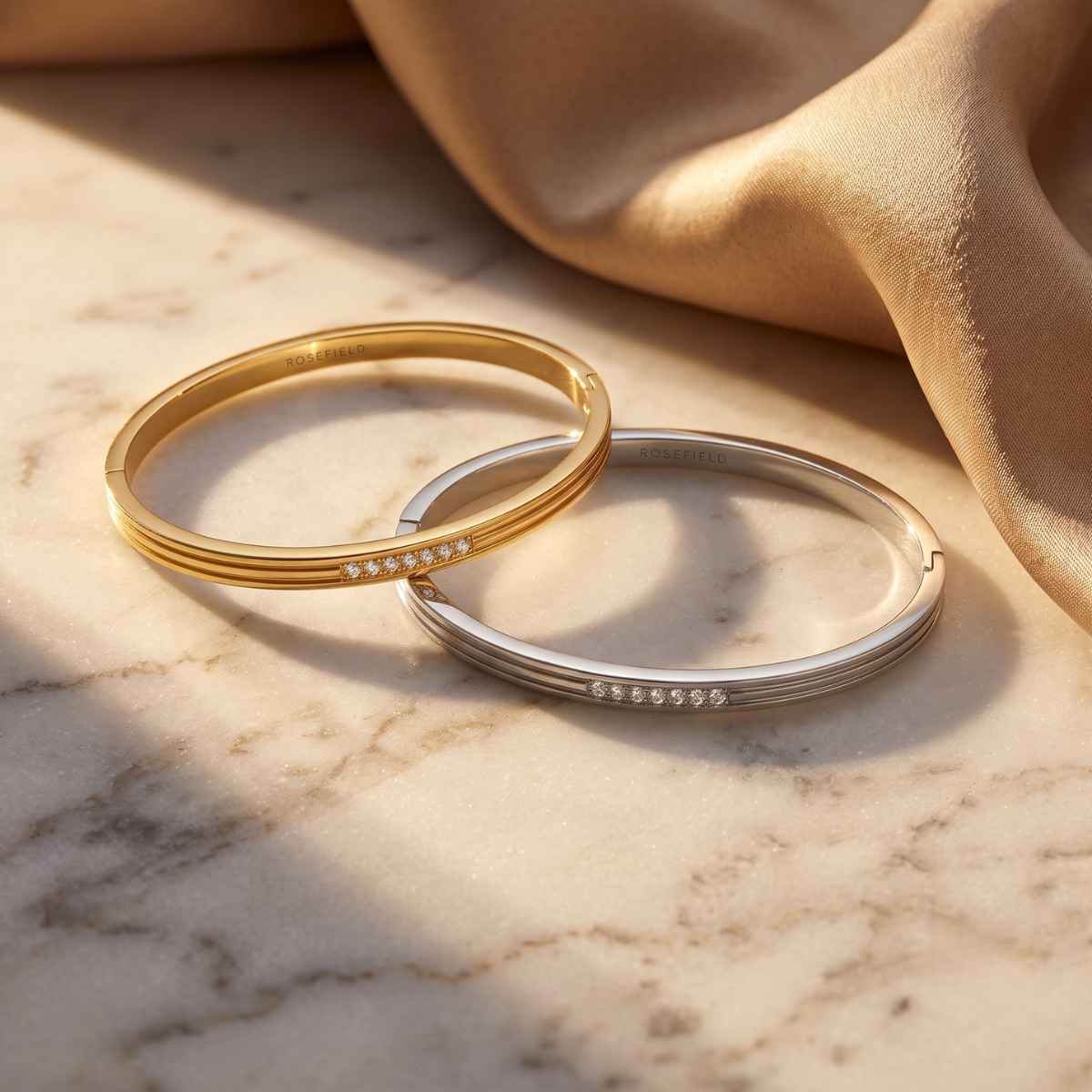 Rosefield Striped Bangle with Crystals Pair (Gold + Silver)