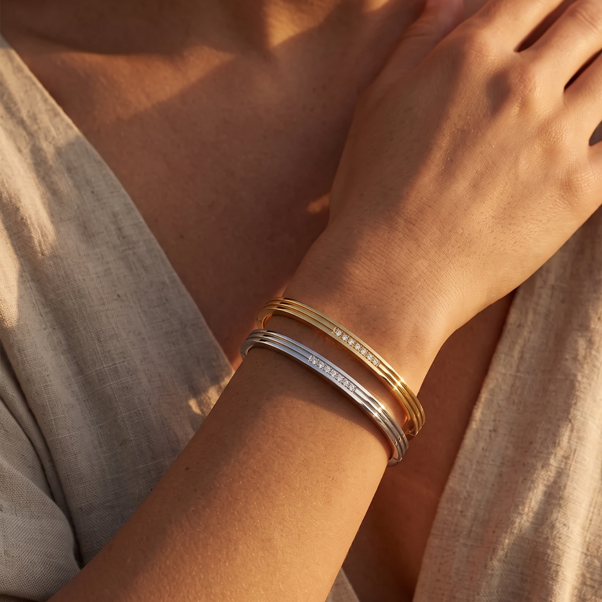 Rosefield Striped Bangle with Crystals Pair (Gold + Silver)
