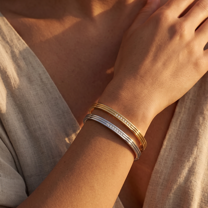 Rosefield Striped Bangle with Crystals Pair (Gold + Silver)