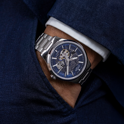 Rotary Men's Greenwich Skeleton Automatic 100M Water Resistance Blue Dial Stainless Steel Bracelet Watch - RGB10073/05