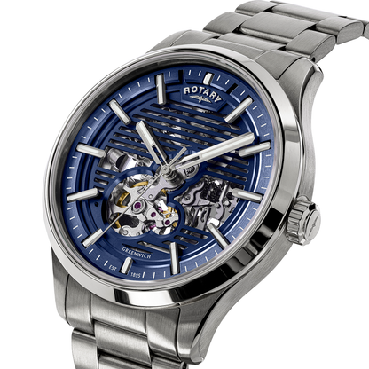 Rotary Men's Greenwich Skeleton Automatic 100M Water Resistance Blue Dial Stainless Steel Bracelet Watch - RGB10073/05