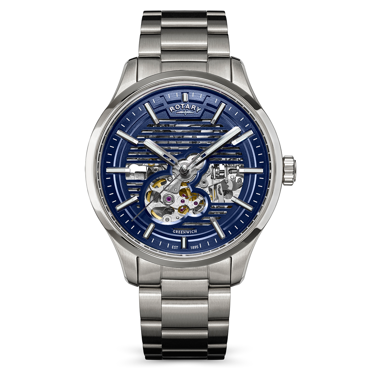 Rotary Men's Greenwich Skeleton Automatic 100M Water Resistance Blue Dial Stainless Steel Bracelet Watch - RGB10073/05