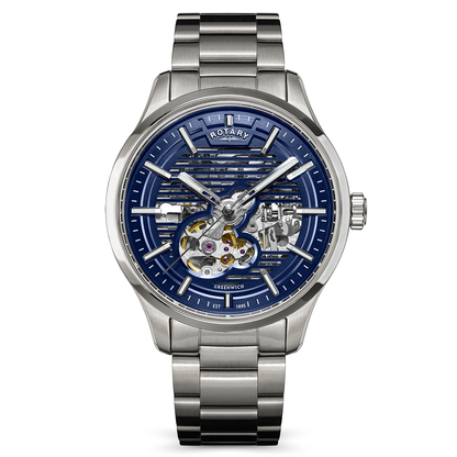 Rotary Men's Greenwich Skeleton Automatic 100M Water Resistance Blue Dial Stainless Steel Bracelet Watch - RGB10073/05