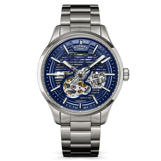 Rotary Men's Greenwich Skeleton Automatic 100M Water Resistance Blue Dial Stainless Steel Bracelet Watch - RGB10073/05