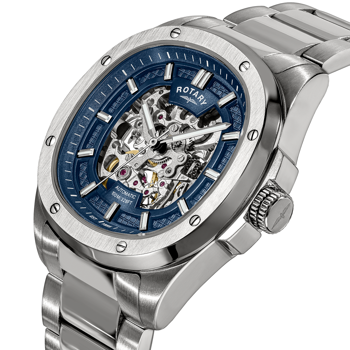Rotary Men's Apex 100 Automatic Skeleton Dial Blue Dial Stainless Steel Bracelet Watch - RGB10079/05