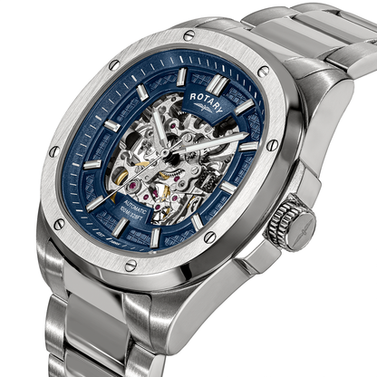 Rotary Men's Apex 100 Automatic Skeleton Dial Blue Dial Stainless Steel Bracelet Watch - RGB10079/05