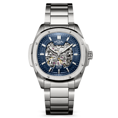 Rotary Men's Apex 100 Automatic Skeleton Dial Blue Dial Stainless Steel Bracelet Watch - RGB10079/05