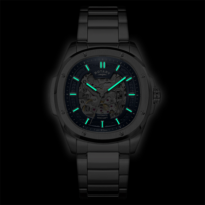 Rotary Men's Apex 100 Automatic Skeleton Dial Blue Dial Stainless Steel Bracelet Watch - RGB10079/05