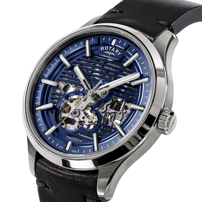 Rotary Men's Greenwich Skeleton Automatic 100M Water Resistance Stainless Steel Black Leather Strap Watch - RGS10077/05