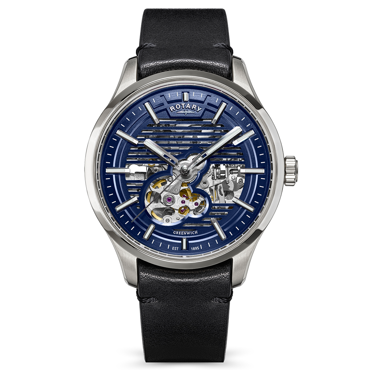 Rotary Men's Greenwich Skeleton Automatic 100M Water Resistance Stainless Steel Black Leather Strap Watch - RGS10077/05