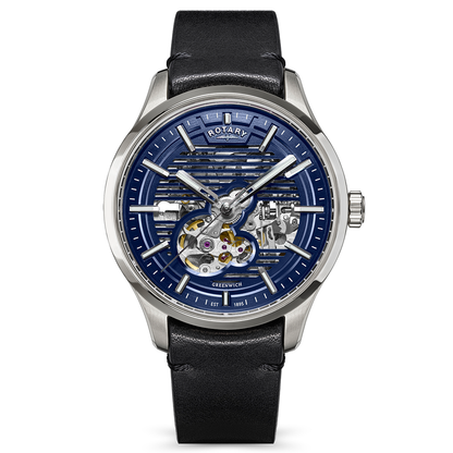 Rotary Men's Greenwich Skeleton Automatic 100M Water Resistance Stainless Steel Black Leather Strap Watch - RGS10077/05