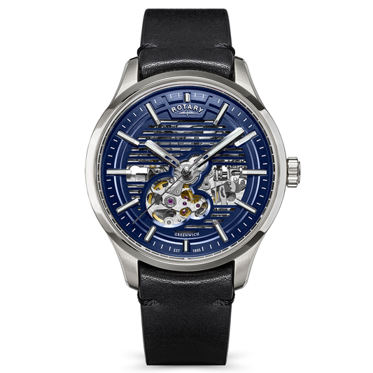 Rotary Men's Greenwich Skeleton Automatic 100M Water Resistance Stainless Steel Black Leather Strap Watch - RGS10077/05