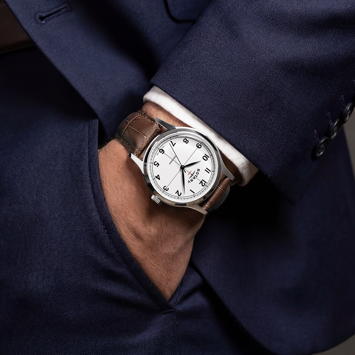 Rotary Men's 1895 Automatic Stainless Steel White Dial Brown Leather Strap Watch - RGS10081/01