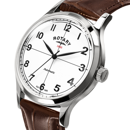 Rotary Men's 1895 Automatic Stainless Steel White Dial Brown Leather Strap Watch - RGS10081/01