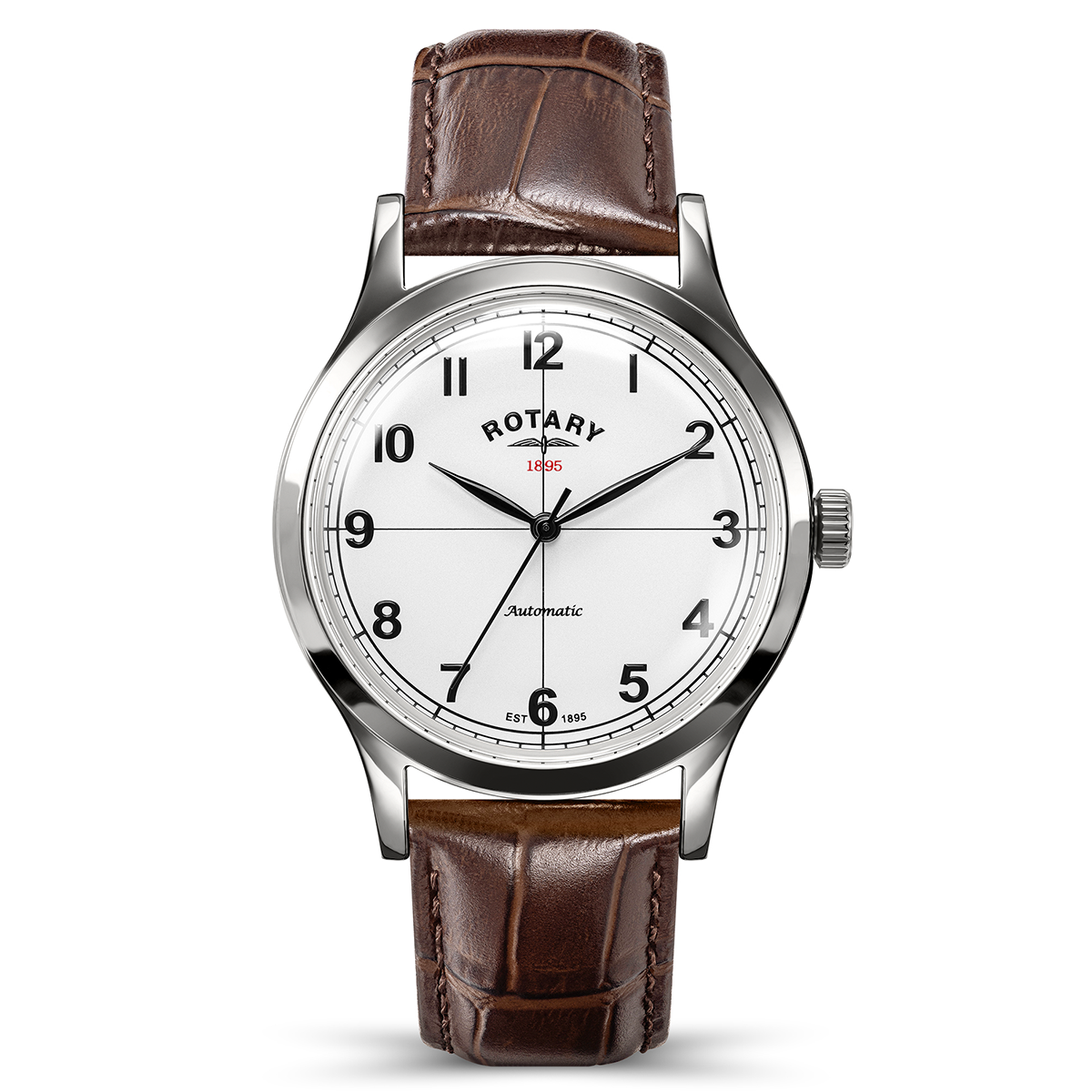 Rotary Men's 1895 Automatic Stainless Steel White Dial Brown Leather Strap Watch - RGS10081/01
