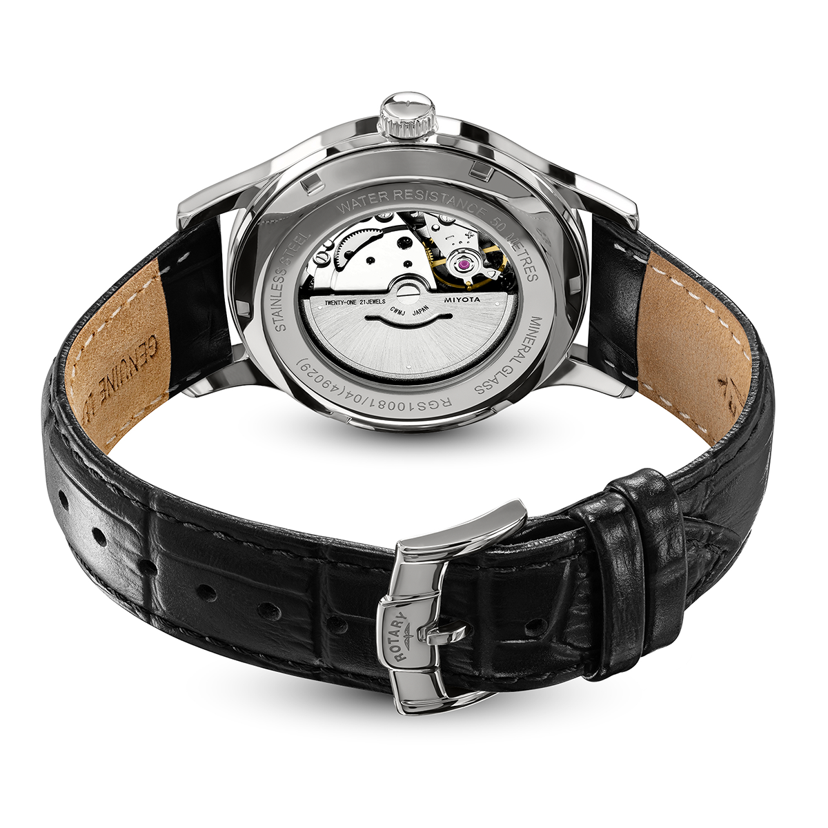 Rotary Men's 1895 Automatic Stainless Steel Black Dial Black Leather Strap Watch - RGS10081/04