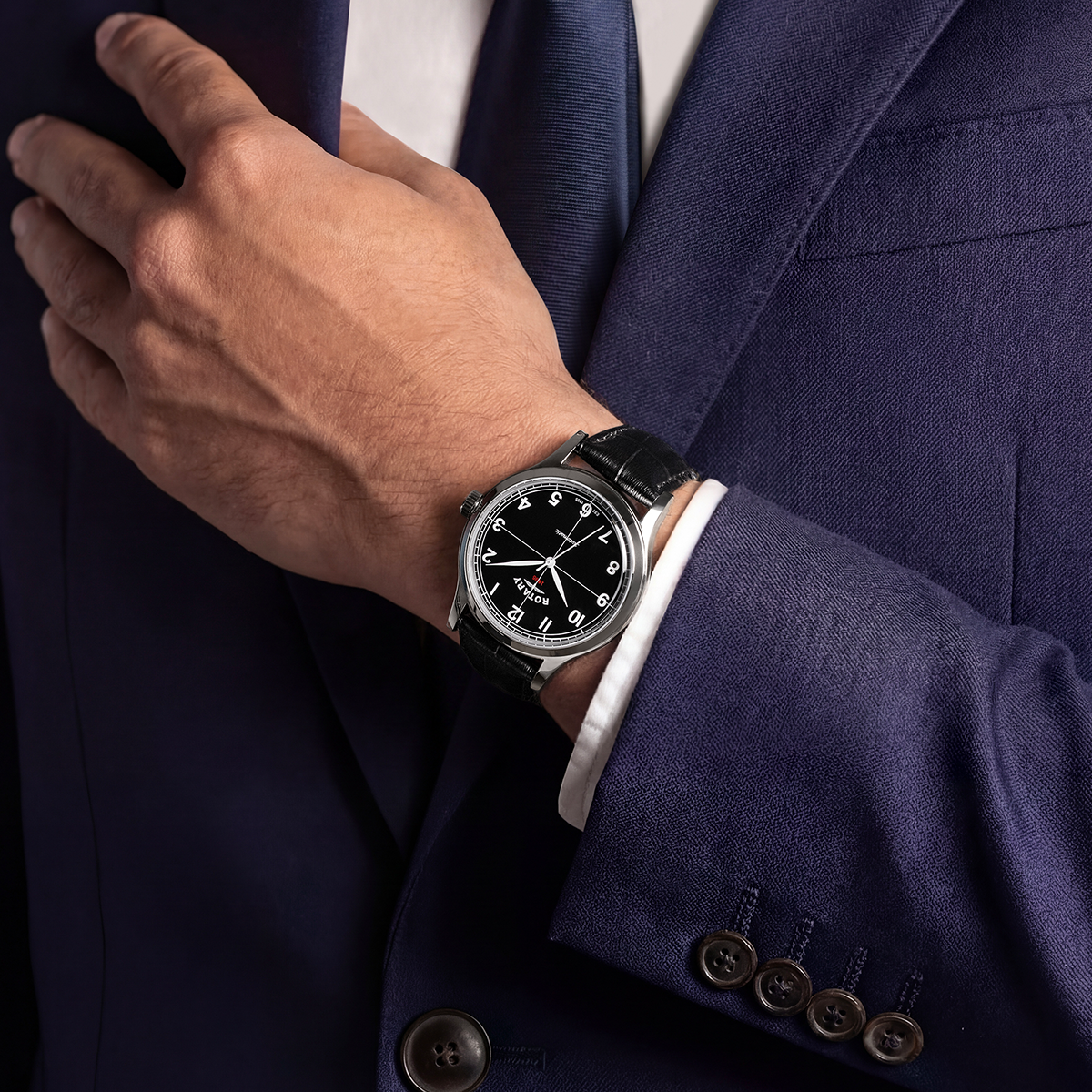 Rotary Men's 1895 Automatic Stainless Steel Black Dial Black Leather Strap Watch - RGS10081/04