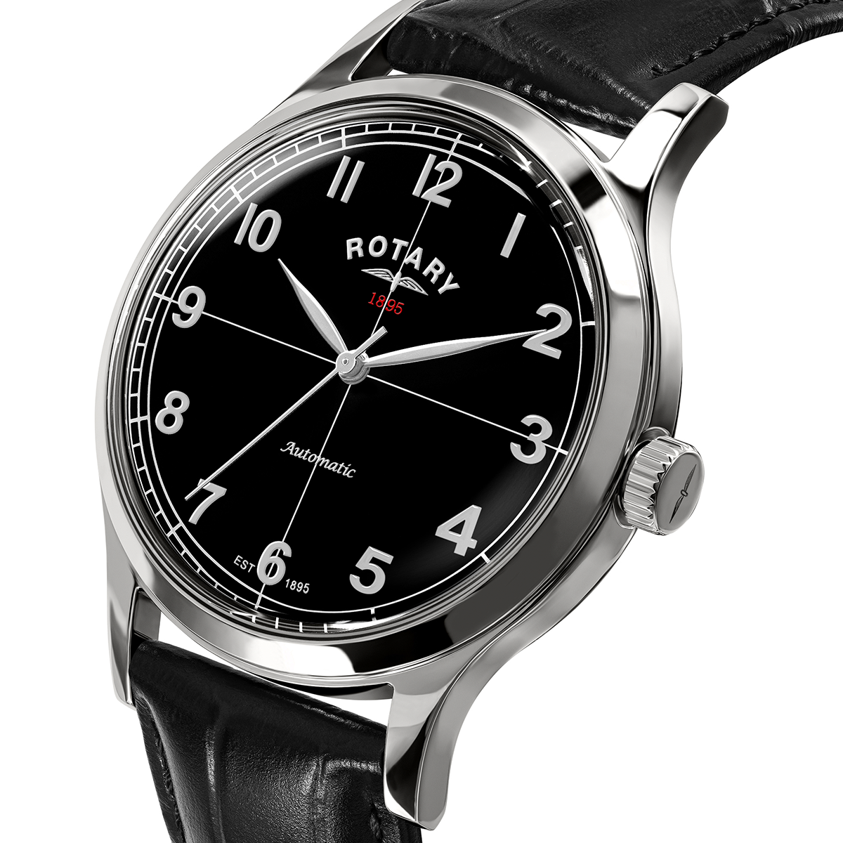 Rotary Men's 1895 Automatic Stainless Steel Black Dial Black Leather Strap Watch - RGS10081/04