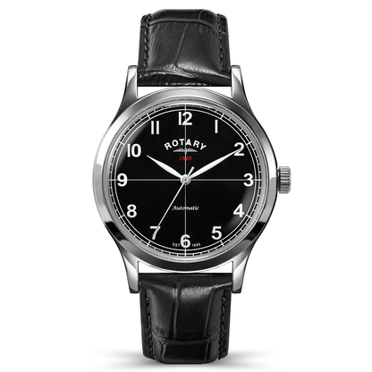 Rotary Men's 1895 Automatic Stainless Steel Black Dial Black Leather Strap Watch - RGS10081/04