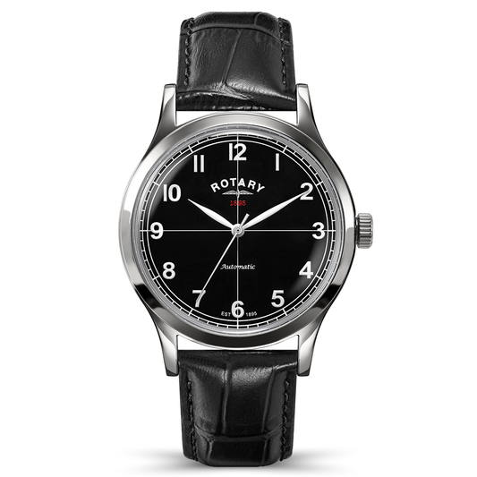 Rotary Men's 1895 Automatic Stainless Steel Black Dial Black Leather Strap Watch - RGS10081/04