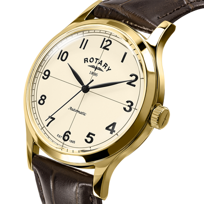 Rotary Men's 1895 Automatic Gold Plated Stainless Steel Brown Leather Strap Watch - RGS10082/03