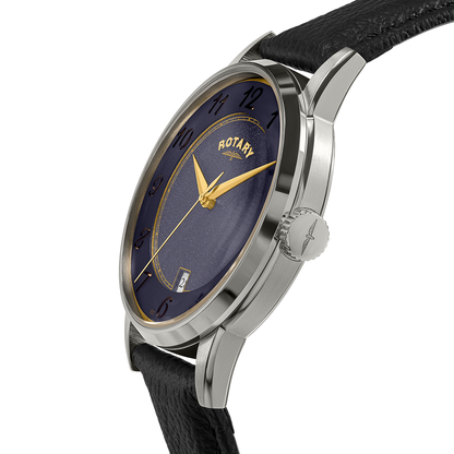 Rotary Men's Rotary Heritage Stainless Steel Navy Blue Dial Black Leather Strap Watch - RGS10083/05
