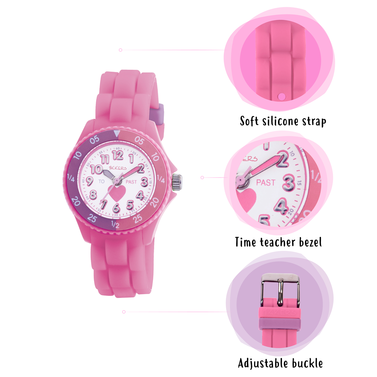 Tikkers Girls Pink Silicone Strap Heart Time Teacher Watch - TK0003