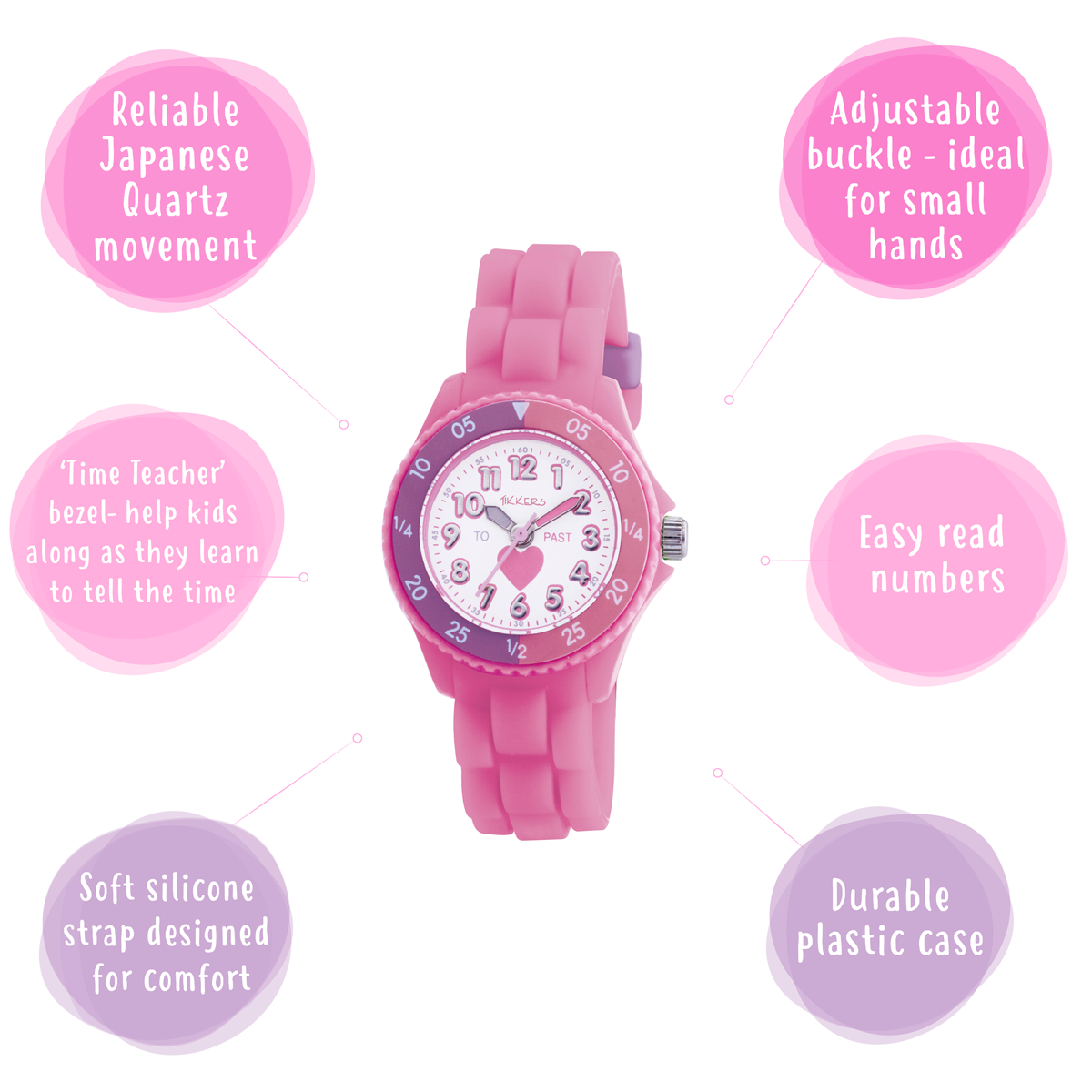 Tikkers Girls Pink Silicone Strap Heart Time Teacher Watch - TK0003